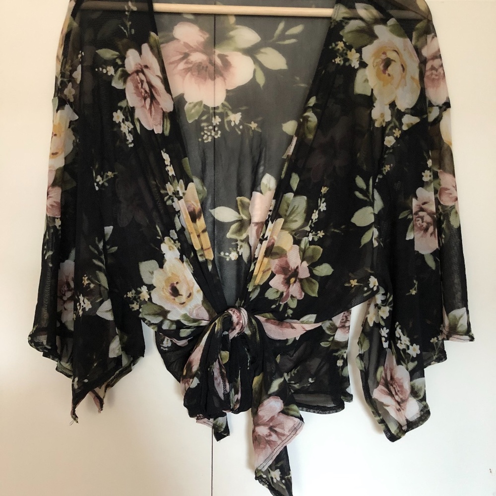 Black Sheer Floral Wrap Blouse